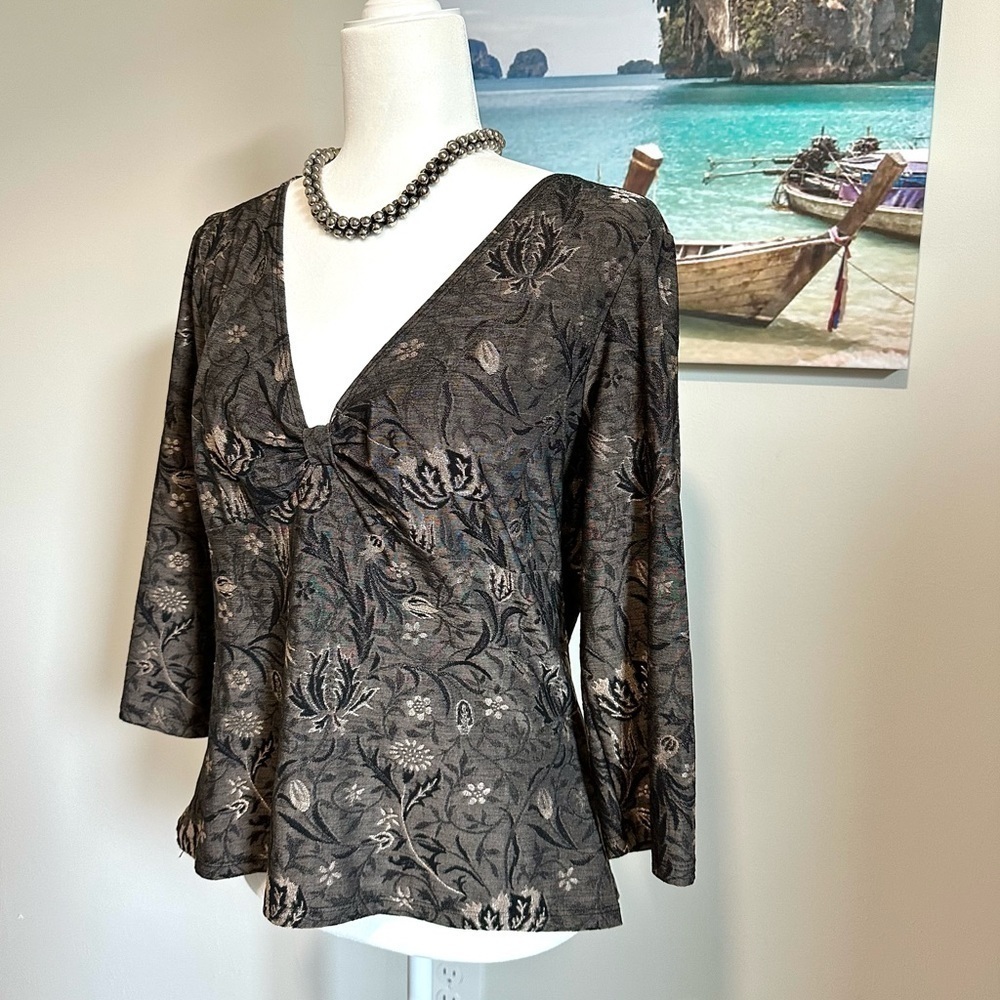 Hanky PANKY Woven Stretch Top Charcoal Silver Black 3/4 Sleeve BUY NOW PRICE - Picture 2 of 8